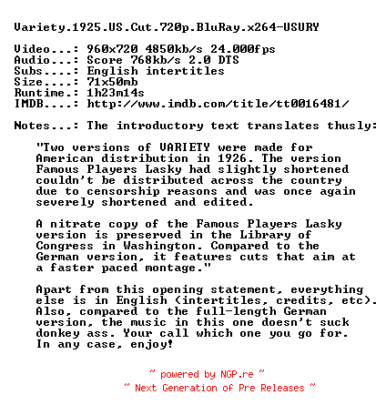 NFO for the release Variety.1925.US.Cut.720p.BluRay.x264-USURY by USURY