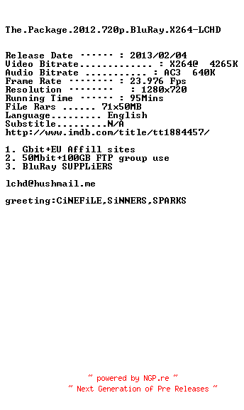 NFO for the release The.Package.2012.720p.BluRay.X264-LCHD by LCHD
