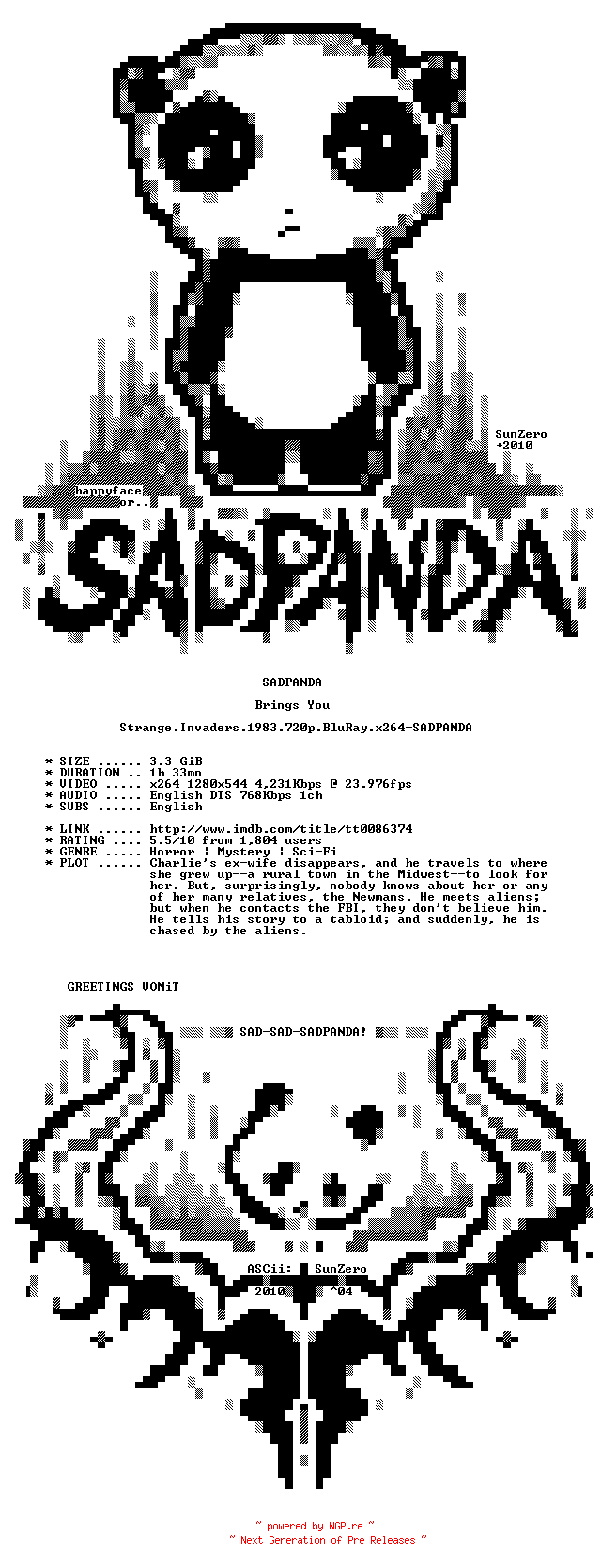 NFO for the release Strange.Invaders.1983.720p.BluRay.x264-SADPANDA by SADPANDA
