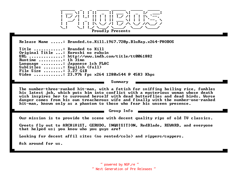 NFO for the release Branded.to.Kill.1967.720p.BluRay.x264-PHOBOS by PHOBOS