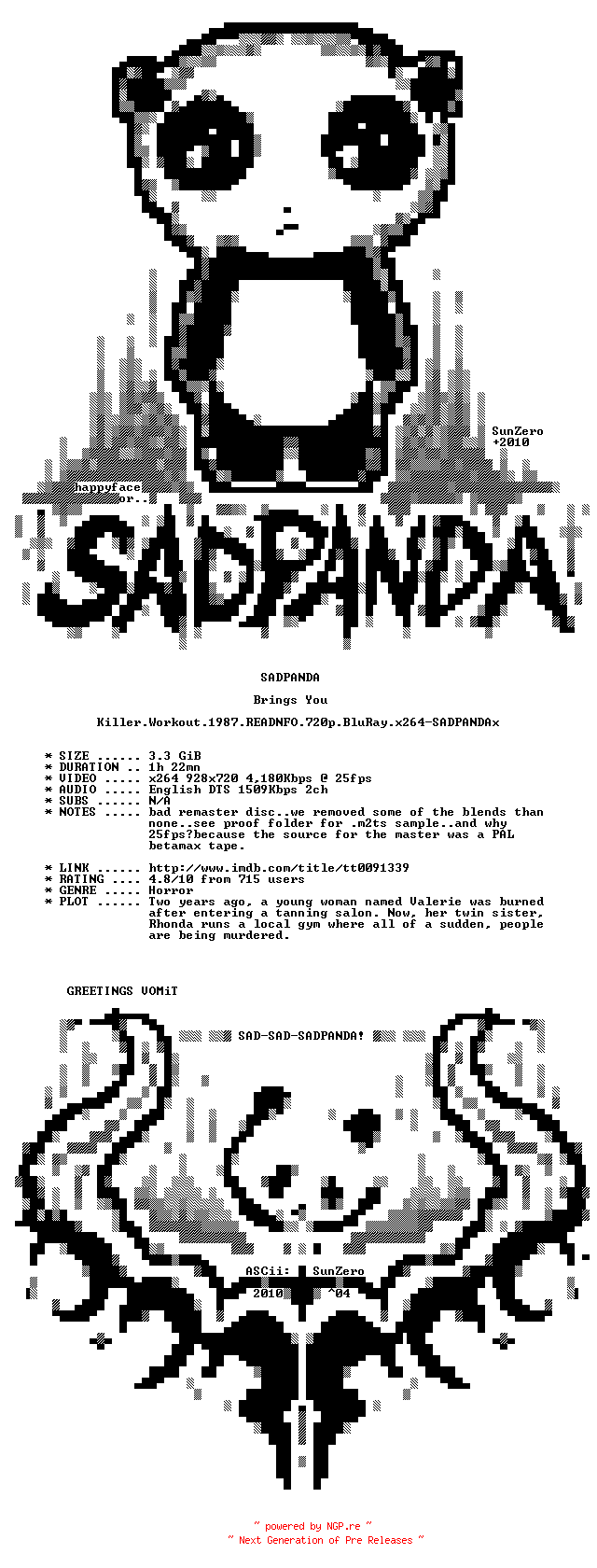 NFO for the release Killer.Workout.1987.READNFO.720p.BluRay.x264-SADPANDAx by SADPANDAx