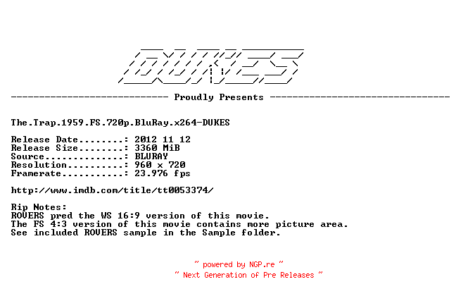 NFO for the release The.Trap.1959.FS.720p.BluRay.x264-DUKES by DUKES