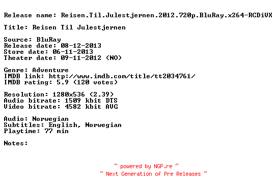 NFO for the release Reisen.Til.Julestjernen.2012.720p.BluRay.x264-RCDiVX by RCDiVX