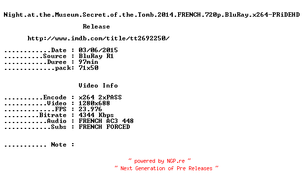 NFO for the release Night.at.the.Museum.Secret.of.the.Tomb.2014.FRENCH.720p.BluRay.x264-PRiDEHD by PRiDEHD