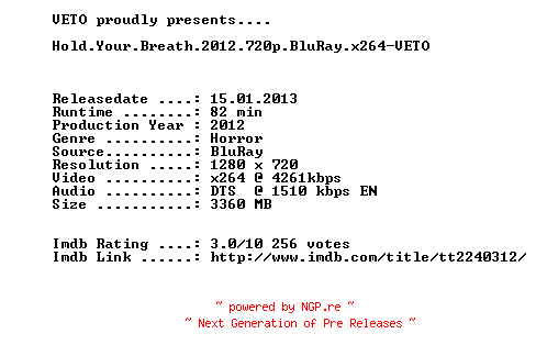 NFO for the release Hold.Your.Breath.2012.720p.BluRay.x264-VETO by VETO