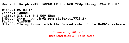 NFO for the release Wreck.It.Ralph.2012.PROPER.TRUEFRENCH.720p.BluRay.x264-RUDEHD by RUDEHD