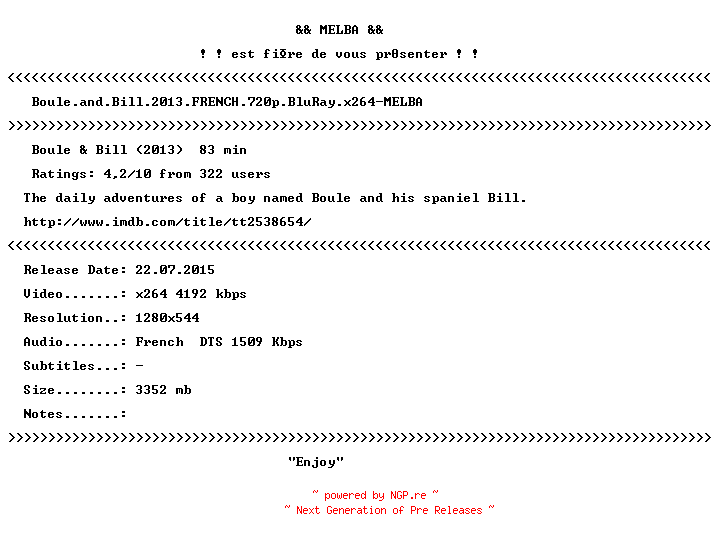 NFO for the release Boule.and.Bill.2013.FRENCH.720p.BluRay.x264-MELBA by MELBA