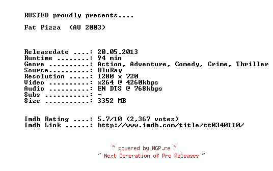 NFO for the release Fat.Pizza.2003.720p.BluRay.x264-RUSTED by RUSTED