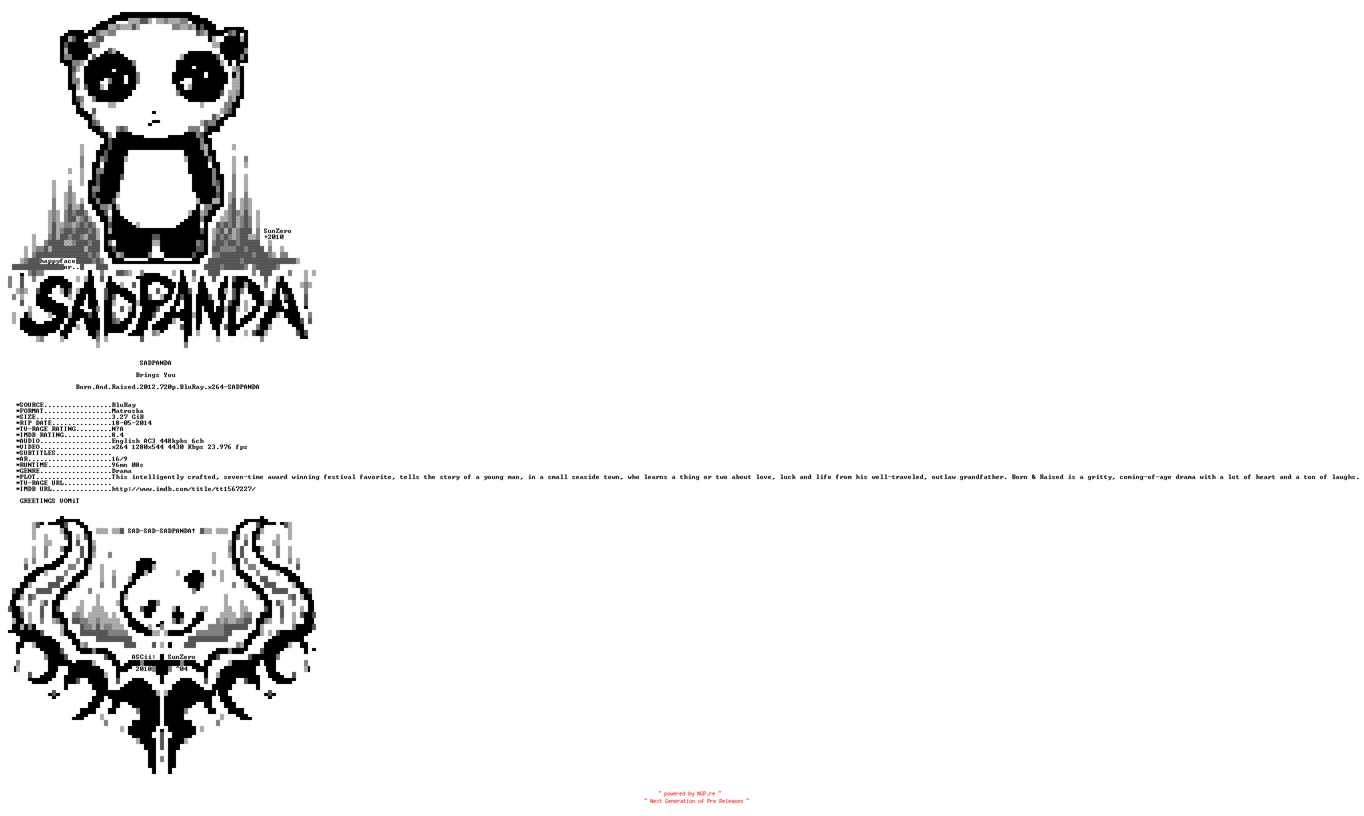 NFO for the release Born.And.Raised.2012.720p.BluRay.x264-SADPANDA by SADPANDA