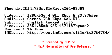 NFO for the release Phoenix.2014.720p.BluRay.x264-USURY by USURY