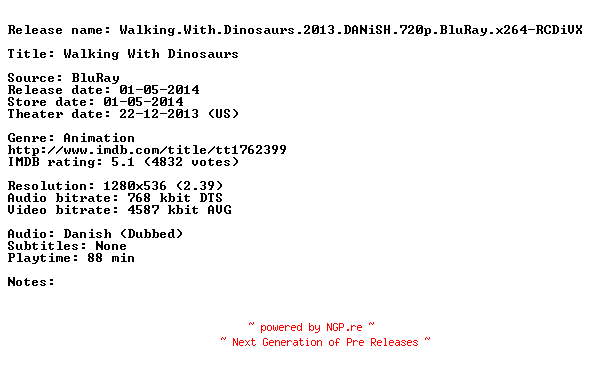 NFO for the release Walking.With.Dinosaurs.2013.DANiSH.720p.BluRay.x264-RCDiVX by RCDiVX