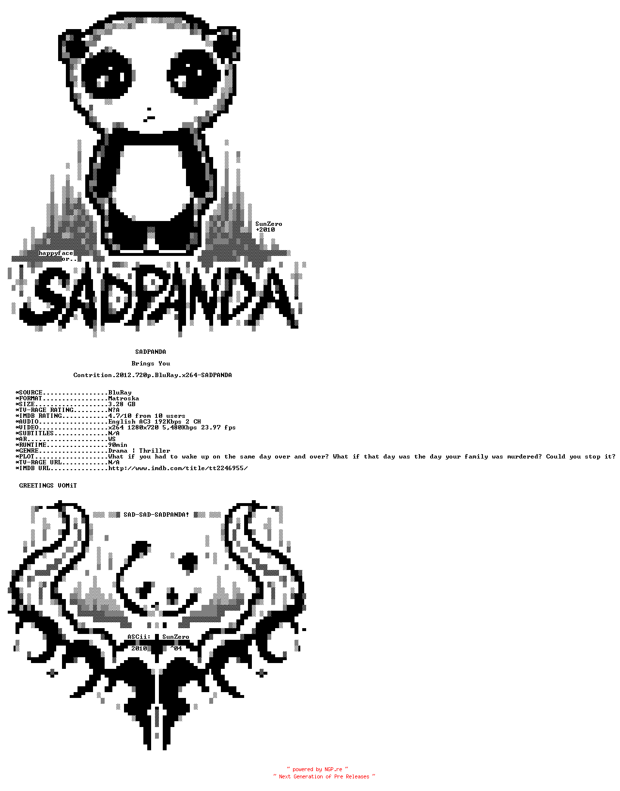 NFO for the release Contrition.2012.720p.BluRay.x264-SADPANDA by SADPANDA