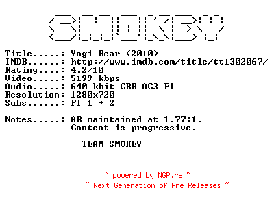 NFO for the release Yogi.Bear.2010.FINNISH.720p.Bluray.x264-SMOKEY by SMOKEY