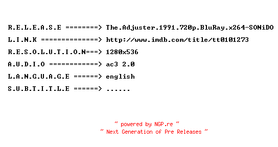 NFO for the release The.Adjuster.1991.720p.BluRay.x264-SONiDO by SONiDO