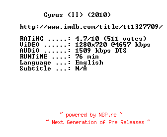 NFO for the release Cyrus.2010.720p.BluRay.x264-MELiTE by MELiTE
