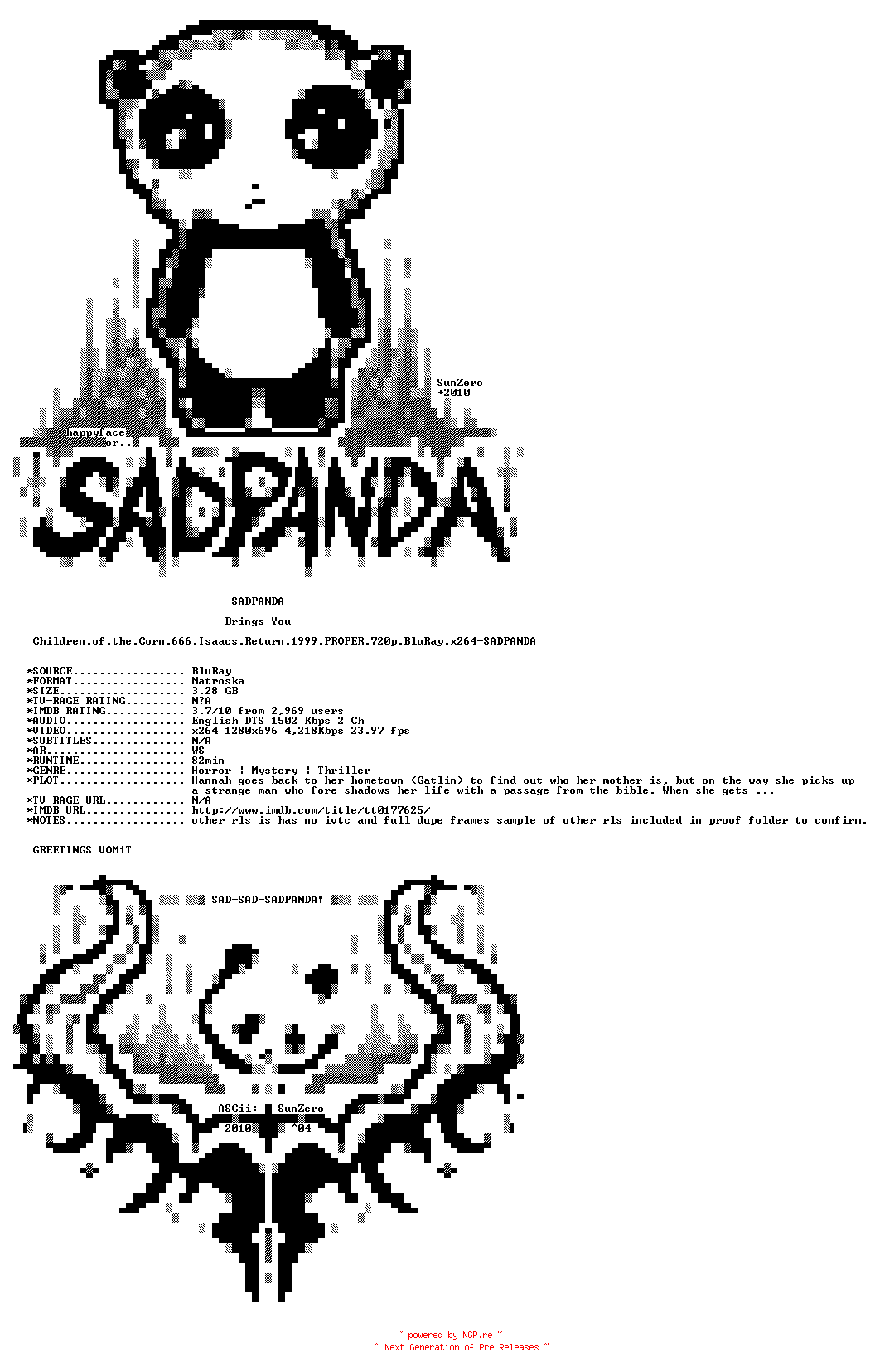 NFO for the release Children.of.the.Corn.666.Isaacs.Return.1999.PROPER.720p.BluRay.x264-SADPANDA by SADPANDA