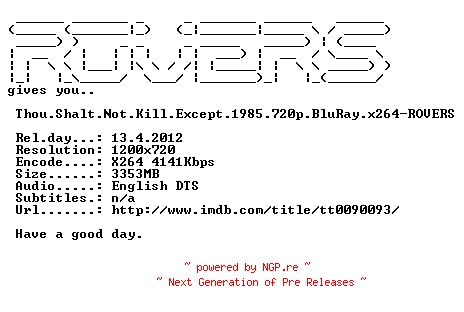 NFO for the release Thou.Shalt.Not.Kill.Except.1985.720p.BluRay.x264-ROVERS by ROVERS