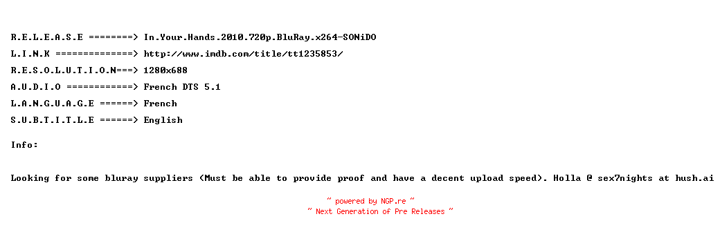 NFO for the release In.Your.Hands.2010.720p.BluRay.x264-SONiDO by SONiDO