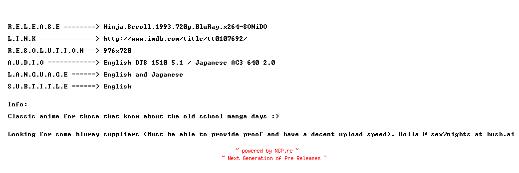 NFO for the release Ninja.Scroll.1993.720p.BluRay.x264-SONiDO by SONiDO