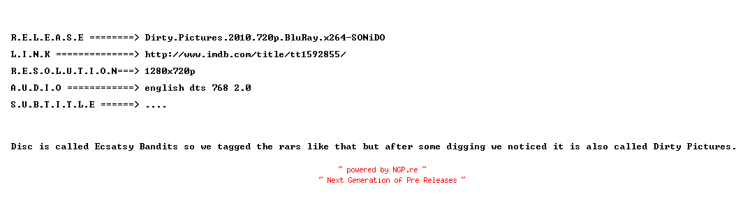 NFO for the release Dirty.Pictures.2010.720p.BluRay.x264-SONiDO by SONiDO
