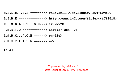 NFO for the release Vile.2011.720p.BluRay.x264-SONiDO by SONiDO