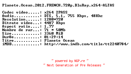 NFO for the release Planete.Ocean.2012.FRENCH.720p.BluRay.x264-ALTAS by ALTAS