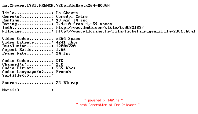 NFO for the release La.Chevre.1981.FRENCH.720p.BluRay.x264-ROUGH by ROUGH
