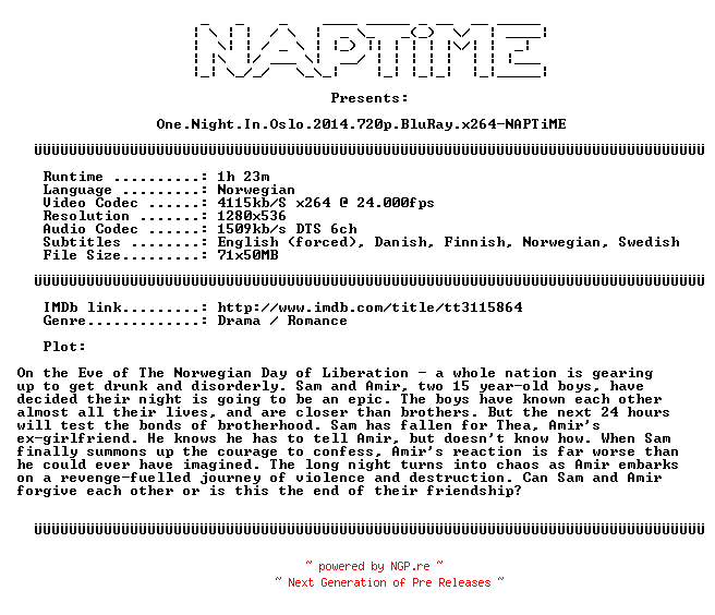 NFO for the release One.Night.In.Oslo.2014.720p.BluRay.x264-NAPTiME by NAPTiME