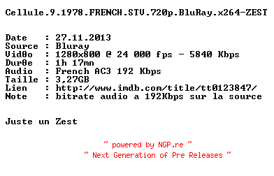 NFO for the release Cellule.9.1978.FRENCH.STV.720p.BluRay.x264-ZEST by ZEST