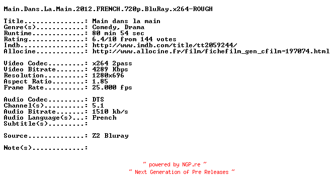 NFO for the release Main.Dans.La.Main.2012.FRENCH.720p.BluRay.x264-ROUGH by ROUGH