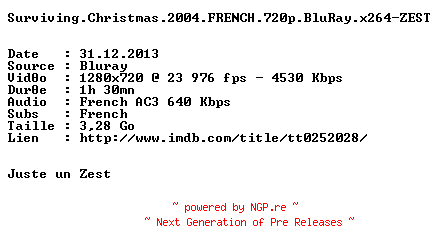 NFO for the release Surviving.Christmas.2004.FRENCH.720p.BluRay.x264-ZEST by ZEST