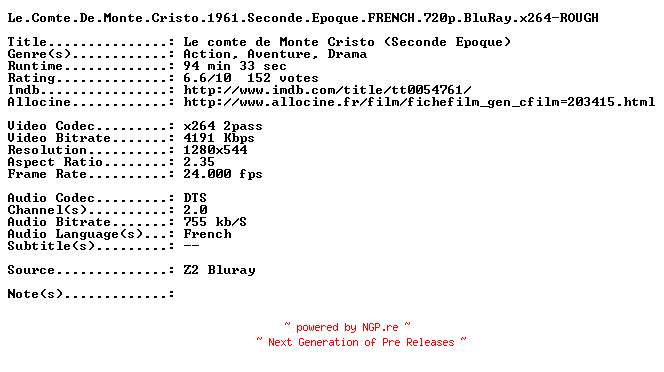 NFO for the release Le.Comte.De.Monte.Cristo.1961.Seconde.Epoque.FRENCH.720p.BluRay.x264-ROUGH by ROUGH