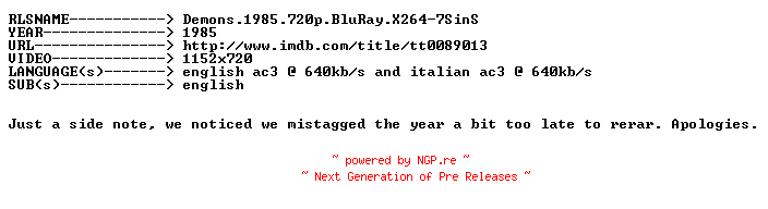 NFO for the release Demons.1985.720p.BluRay.x264-7SinS by 7SinS