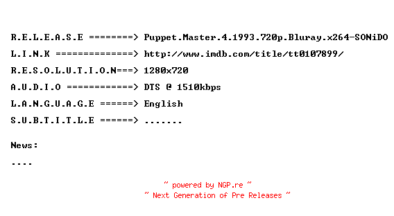 NFO for the release Puppet.Master.4.1993.720p.BluRay.x264-SONiDO by SONiDO