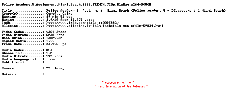 NFO for the release Police.Academy.5.Assignment.Miami.Beach.1988.FRENCH.720p.BluRay.x264-ROUGH by ROUGH
