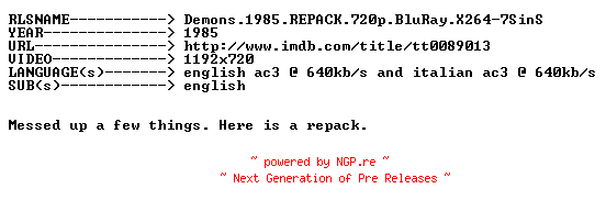 NFO for the release Demons.1985.REPACK.720p.BluRay.X264-7SinS by 7SinS