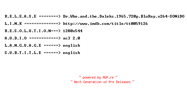 NFO for the release Dr.Who.and.the.Daleks.1965.720p.BluRay.x264-SONiDO by SONiDO