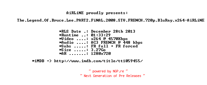 NFO for the release The.Legend.Of.Bruce.Lee.PART2.FiNAL.2008.STV.FRENCH.720p.BluRay.x264-AiRLiNE by AiRLiNE