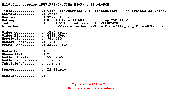 NFO for the release Wild.Strawberries.1957.FRENCH.720p.BluRay.x264-ROUGH by ROUGH