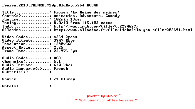 NFO for the release Frozen.2013.FRENCH.720p.BluRay.x264-ROUGH by ROUGH