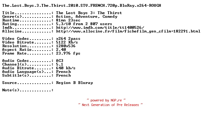 NFO for the release The.Lost.Boys.3.The.Thirst.2010.STV.FRENCH.720p.BluRay.x264-ROUGH by ROUGH