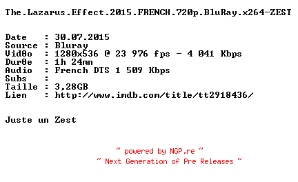 NFO for the release The.Lazarus.Effect.2015.FRENCH.720p.BluRay.x264-ZEST by ZEST