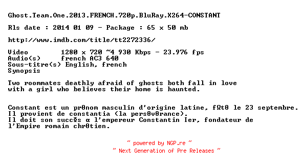 NFO for the release Ghost.Team.One.2013.FRENCH.720p.BluRay.X264-CONSTANT by CONSTANT