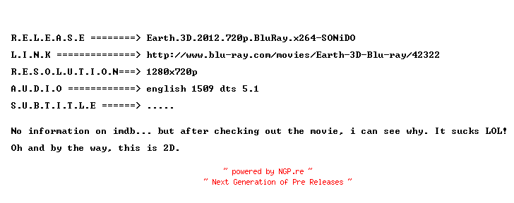 NFO for the release Earth.3D.2012.720p.BluRay.x264-SONiDO by SONiDO