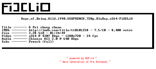 NFO for the release Days.of.Being.Wild.1990.SUBFRENCH.720p.BluRay.x264-FiDELiO by FiDELiO