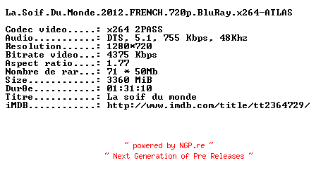 NFO for the release La.Soif.Du.Monde.2012.FRENCH.720p.BluRay.x264-ATLAS by ATLAS