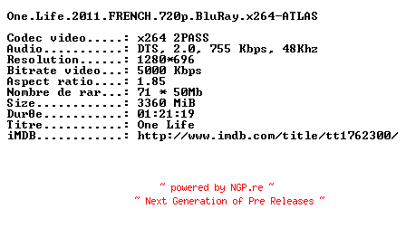 NFO for the release One.Life.2011.FRENCH.720p.BluRay.x264-ATLAS by ATLAS