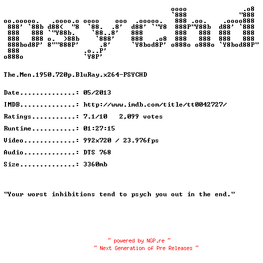 NFO for the release The.Men.1950.720p.BluRay.x264-PSYCHD by PSYCHD