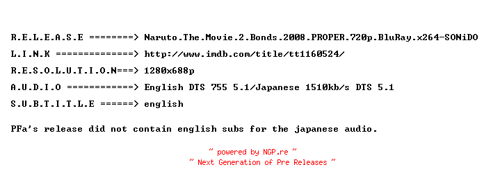 NFO for the release Naruto.The.Movie.2.Bonds.2008.PROPER.720p.BluRay.x264-SONiDO by SONiDO