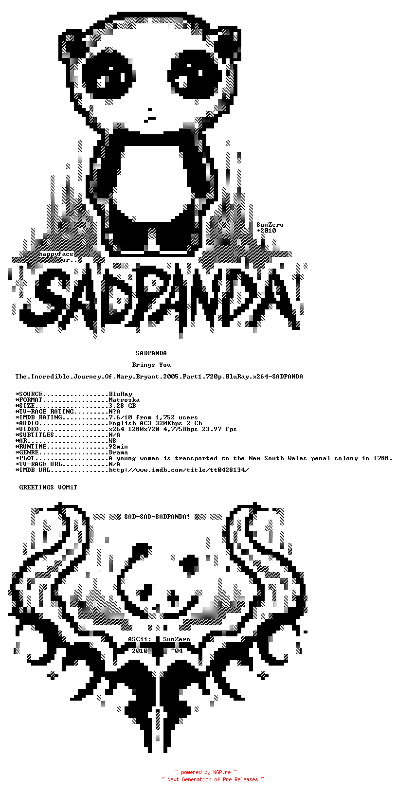NFO for the release The.Incredible.Journey.Of.Mary.Bryant.2005.Part1.720p.BluRay.x264-SADPANDA by SADPANDA